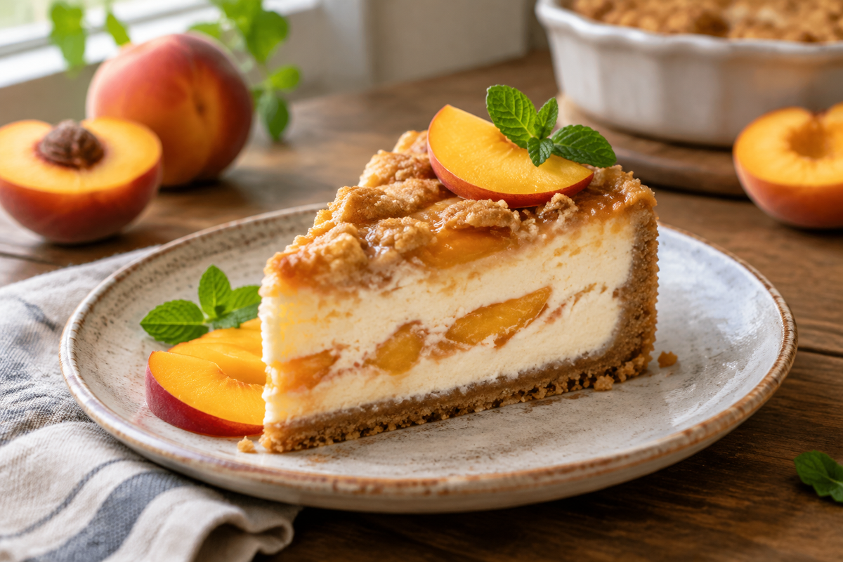 Sliced peach cobbler cheesecake with fresh peach garnish and golden crust, showcasing peach cobbler cheesecake dessert