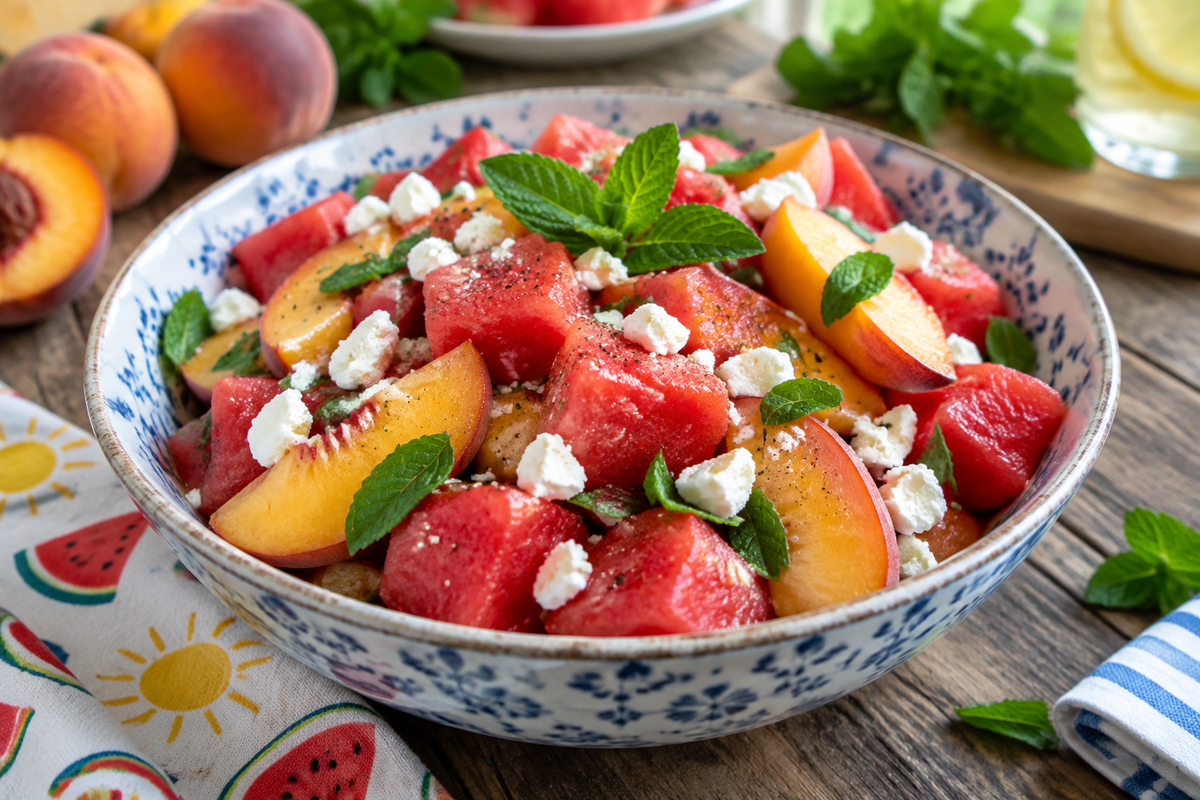 Fresh peach watermelon salad with mint and feta, a perfect summer salad
