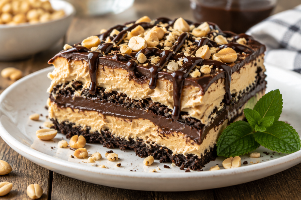 Slice of peanut butter chocolate lasagna with creamy whipped topping and chocolate drizzle