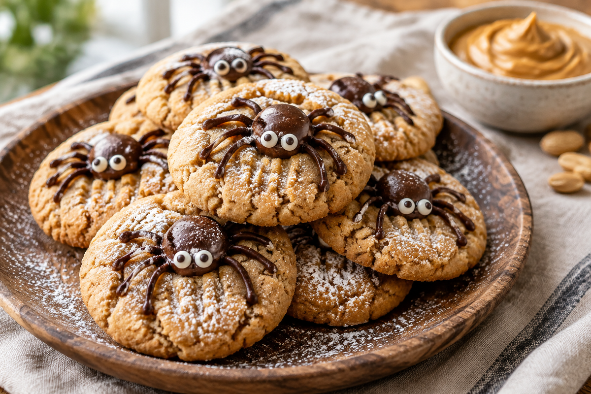 Stack of peanut butter spider cookies with crispy edges and chewy centers on a rustic wooden plate