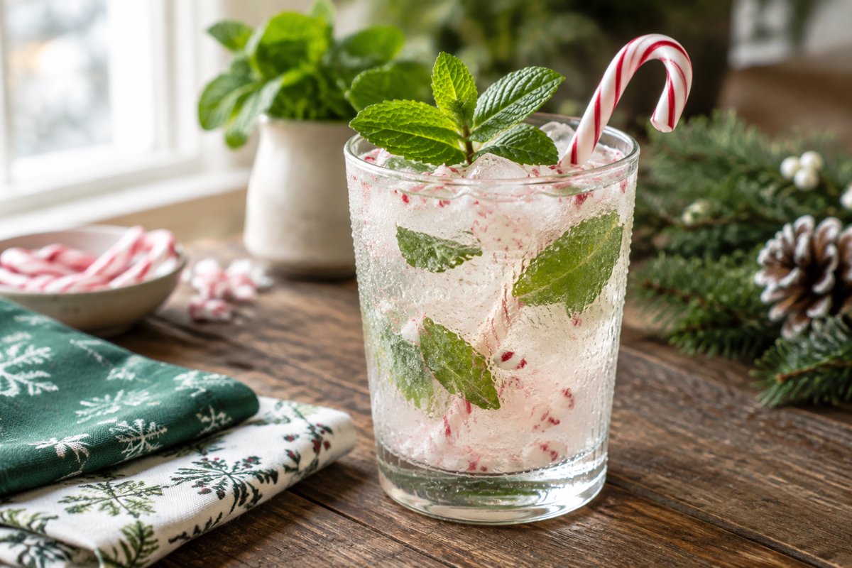 Peppermint mocktail in a clear glass garnished with mint leaves and candy cane, showcasing sweet peppermint flavor