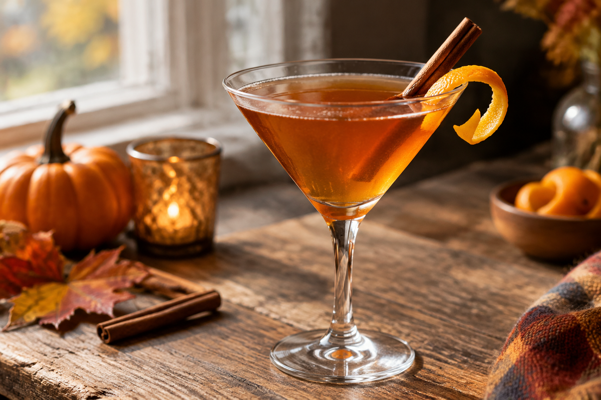 Perfect fall martinis garnished with cinnamon sticks and orange peel, showcasing seasonal autumn flavors