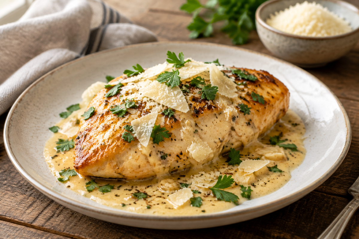Creamy garlic parmesan chicken served with garnish on rustic plate, creamy garlic parmesan chicken