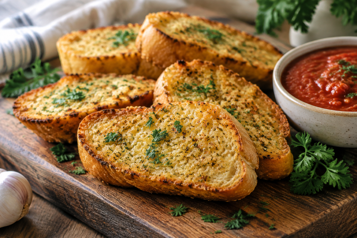 Perfect crispy air fryer garlic bread side dish garnished with parsley