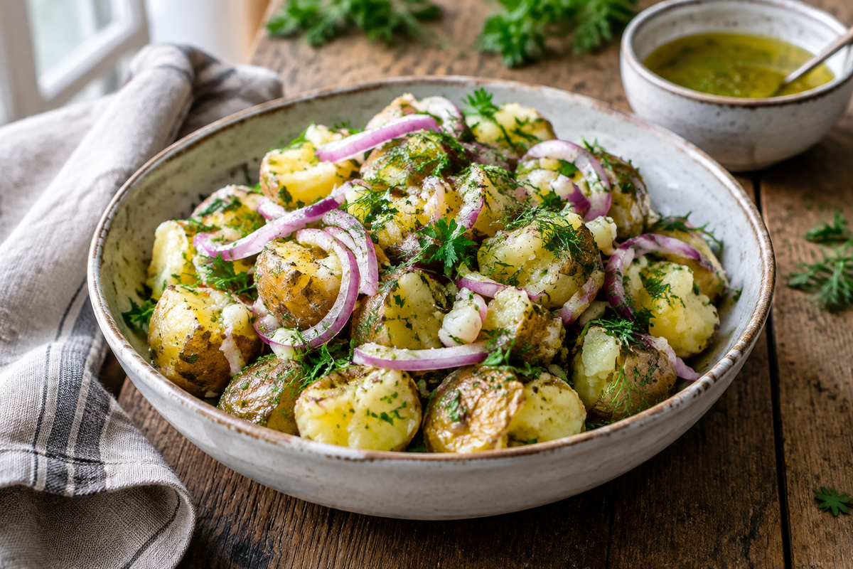 Bowl of crushed potato salad garnished with fresh herbs and red onions, showcasing the crushed potato salad dish
