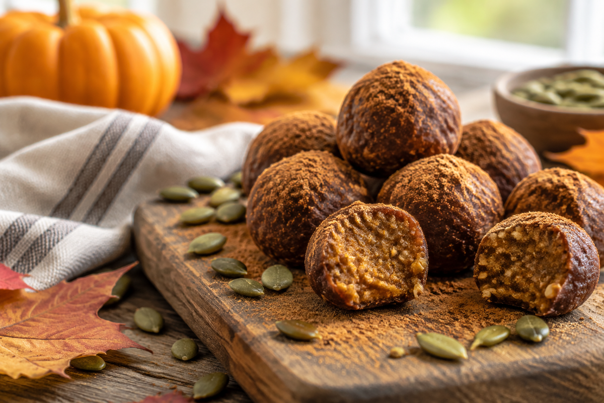 Perfect healthy pumpkin truffles on wooden board with cinnamon dusting and pumpkin seeds