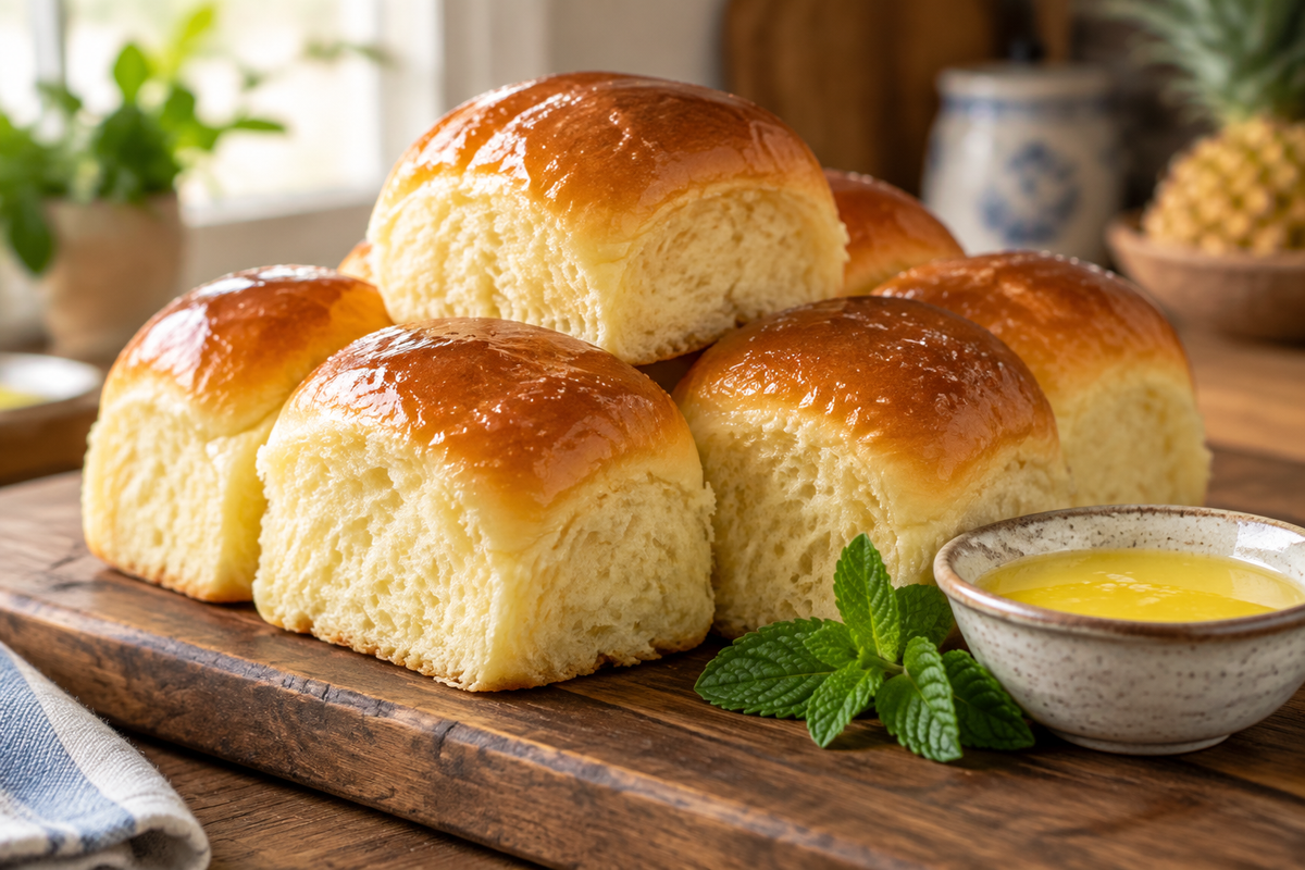 Golden homemade hawaiian sweet rolls stacked on a wooden board with melted butter and fresh garnish