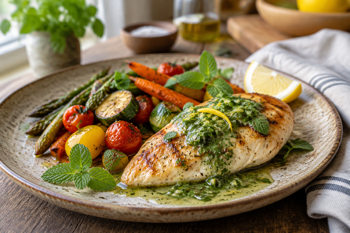 Grilled chicken with fresh lemon-melissa herb sauce and roasted vegetables, perfect melissa recipes