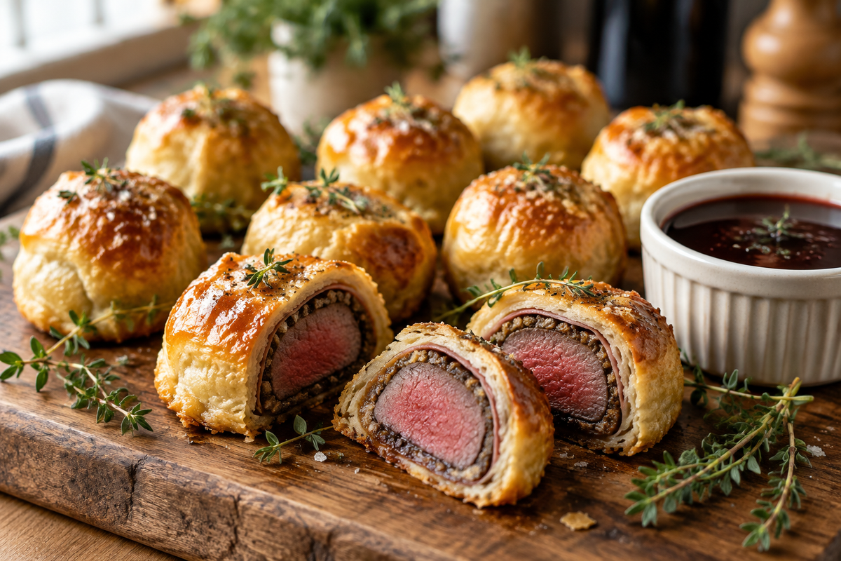 Perfect mini beef wellington bites with flaky pastry and juicy beef centers served with thyme garnish