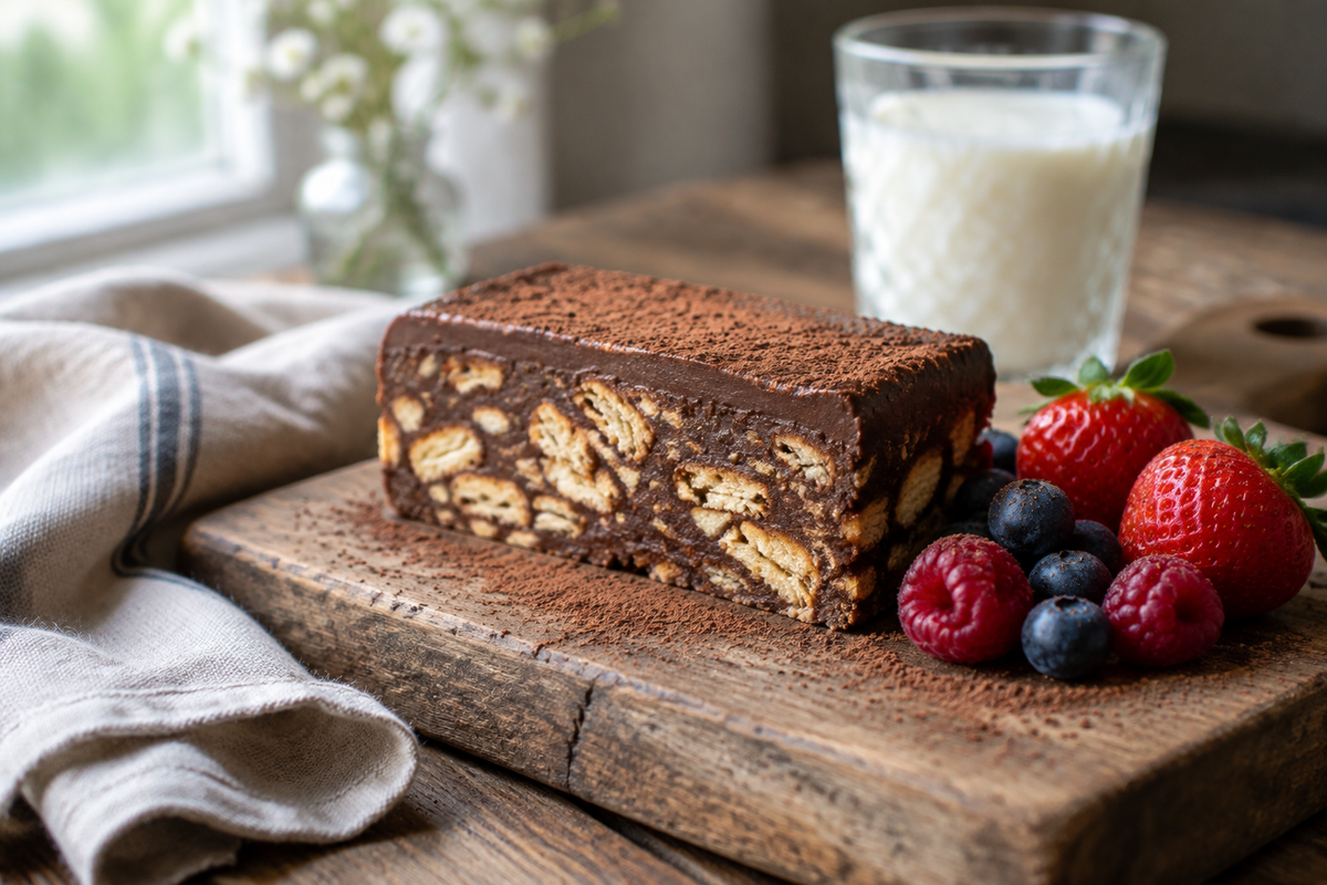 Delicious no-bake bourbon biscuit slice on rustic wooden board with cocoa dusting and fresh berries