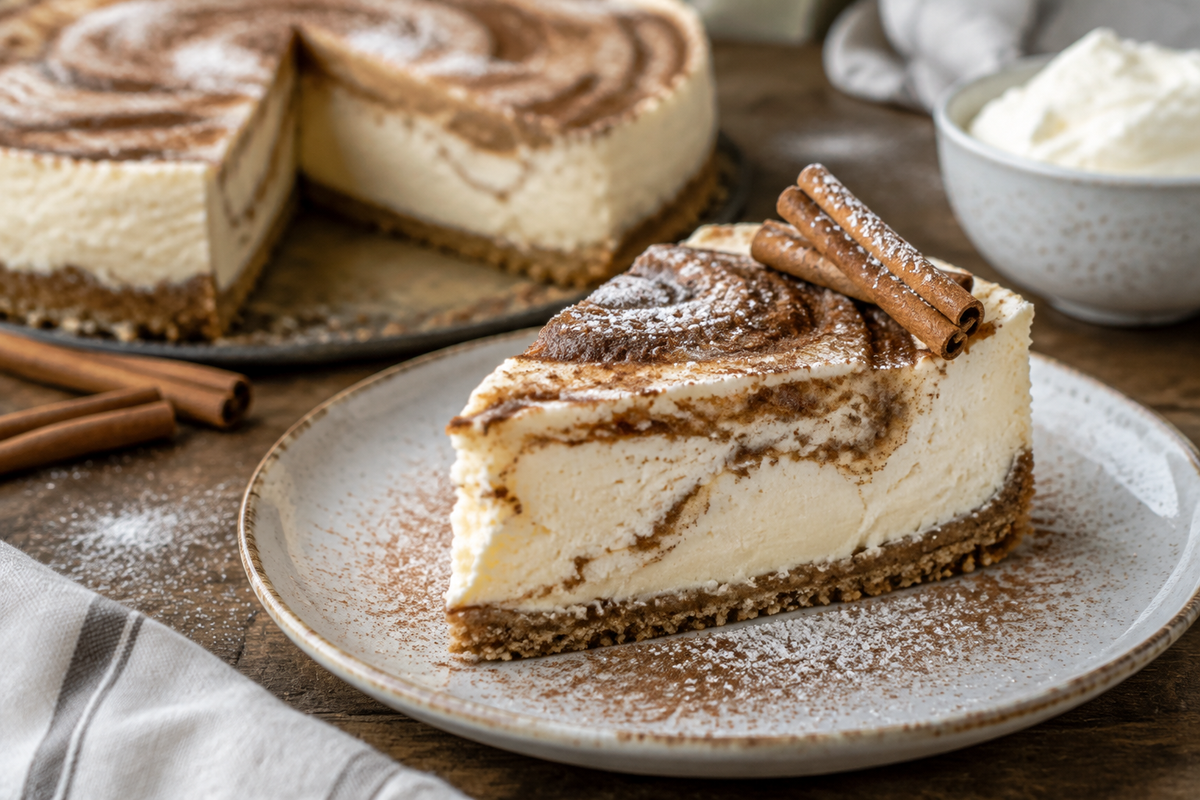 No bake cinnamon roll cheesecakes slice with creamy filling and cinnamon swirl topping