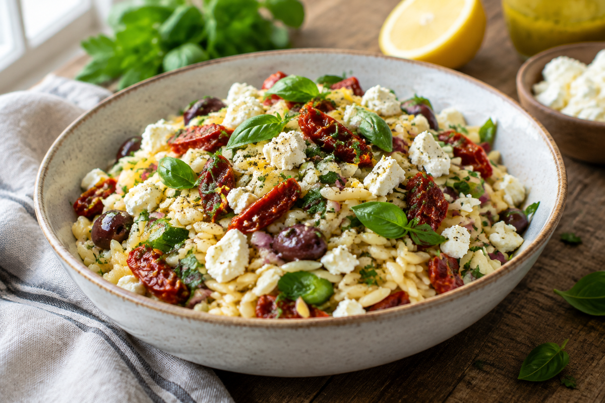 Orzo pasta salad with feta and sun dried tomatoes in a rustic bowl, showcasing fresh herbs and lemon vinaigrette