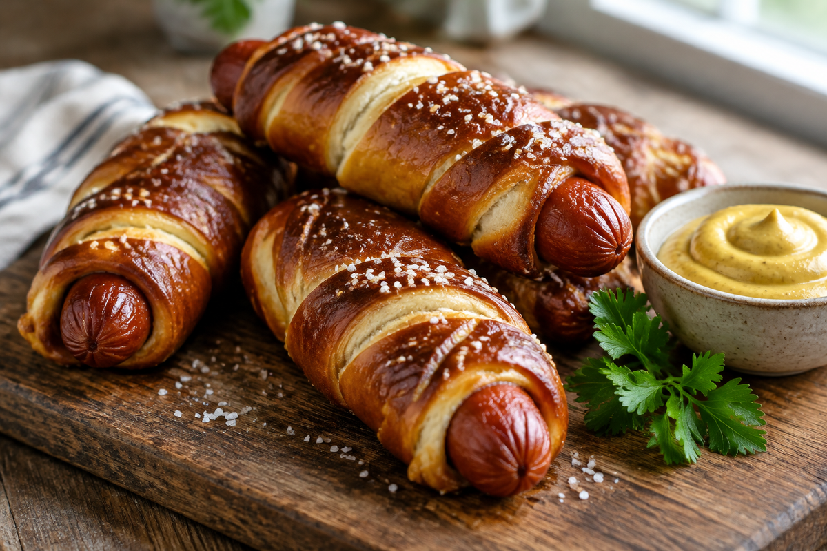 Perfect pretzel dogs with golden crust and mustard garnish on rustic board, highlighting pretzel dogs
