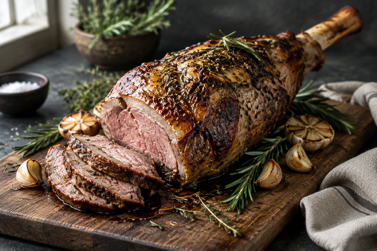 Perfect roasted leg of lamb with garlic tips, golden crust and fresh rosemary garnish