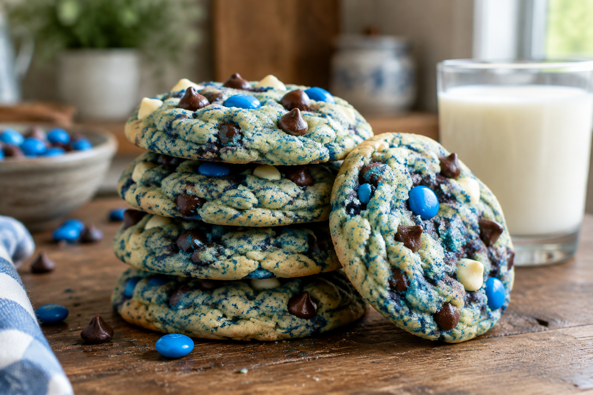 Soft and chewy cookie monster cookies stacked on wooden table with colorful chips, perfect cookie monster cookies