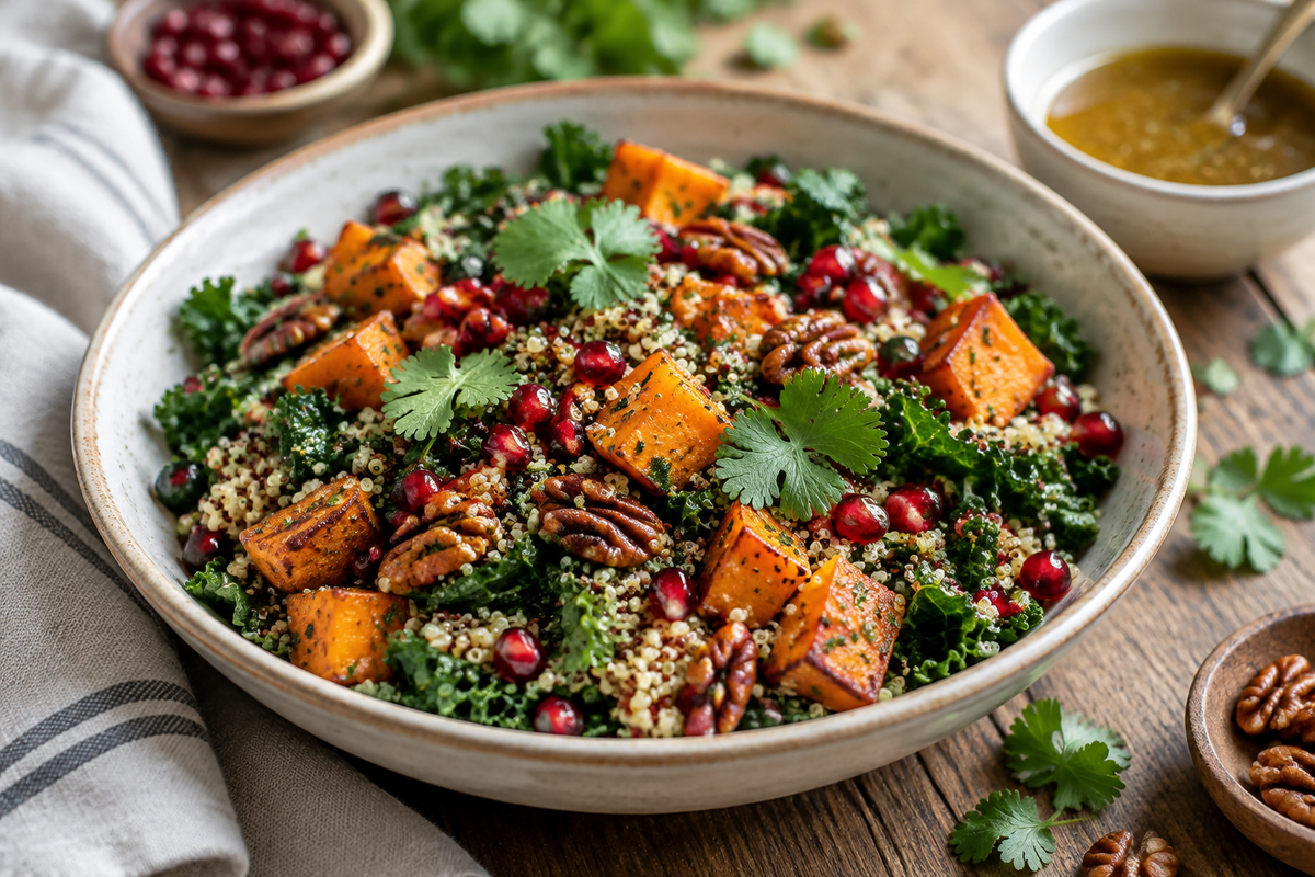 Fresh sweet potato quinoa salad with roasted sweet potatoes, quinoa, kale, and pomegranate seeds in a bowl