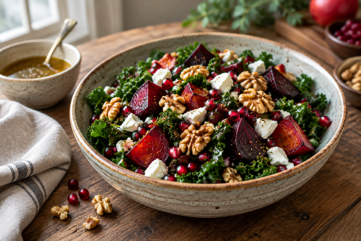 Perfect winter salad with roasted beets, kale, pomegranate seeds, walnuts, and feta cheese