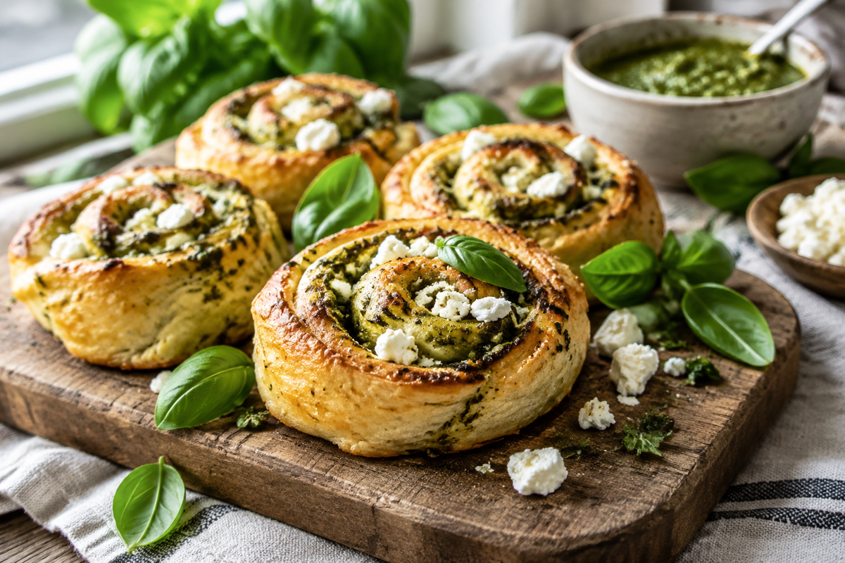 Golden pesto feta rolls garnished with fresh basil and crumbled feta cheese on rustic wooden board