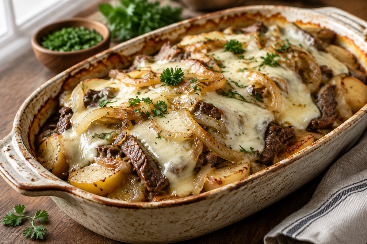 Philly cheesesteak potato casserole topped with melted cheese and onions, showcasing philly cheesesteak casserole