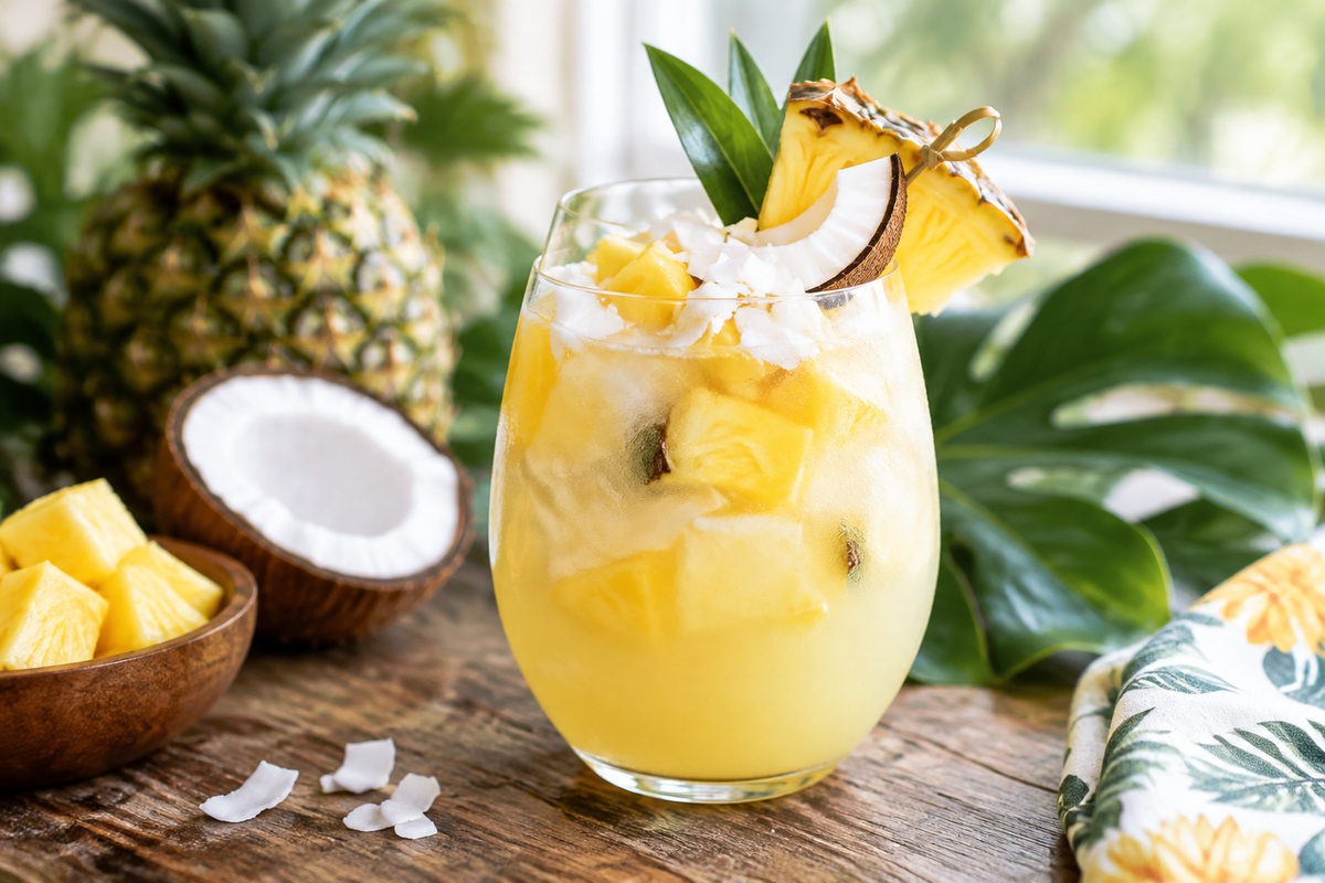 Glass of piña colada sangria garnished with pineapple and coconut, showcasing tropical flavors