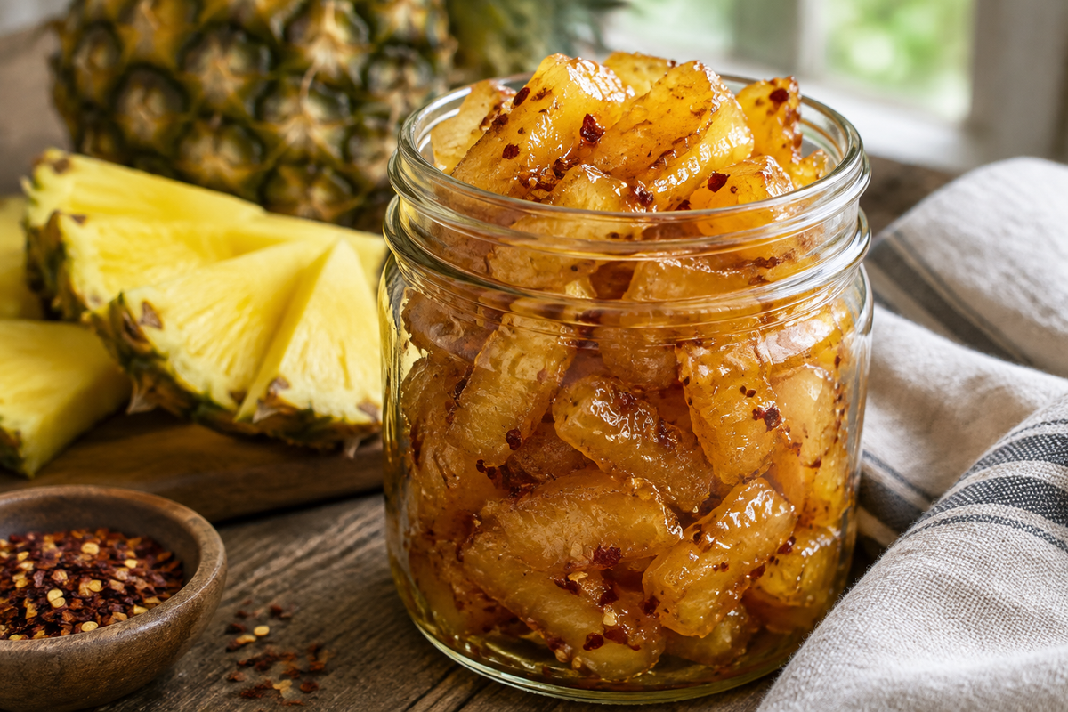 Jar of pineapple cowboy candy with sweet and spicy candied pineapple chunks, showcasing the pineapple cowboy candy