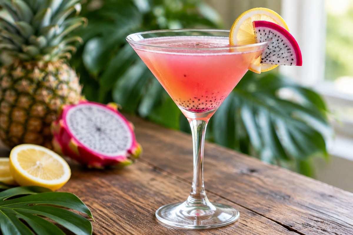 Pineapple dragon fruit lemonade martini in a glass garnished with lemon and dragon fruit, tropical cocktail