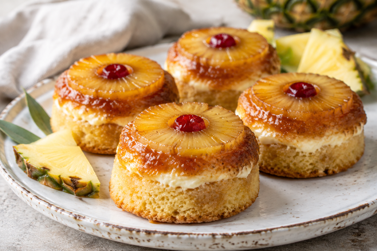 Pineapple mascarpone upside-down mini cakes with caramelized pineapple topping on a white plate