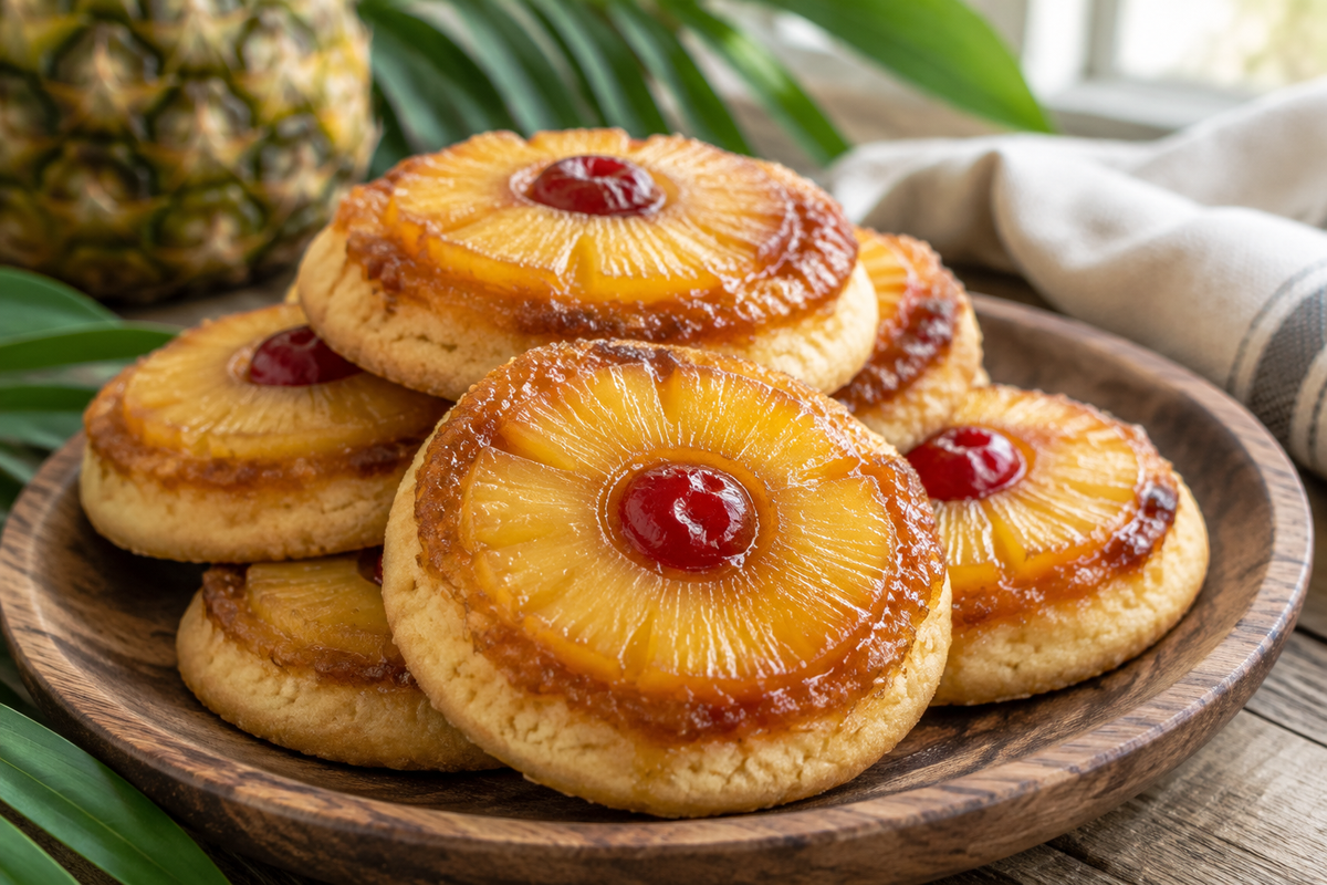 Pineapple upside down sugar cookies stacked with caramelized pineapple topping and sugar cookie base