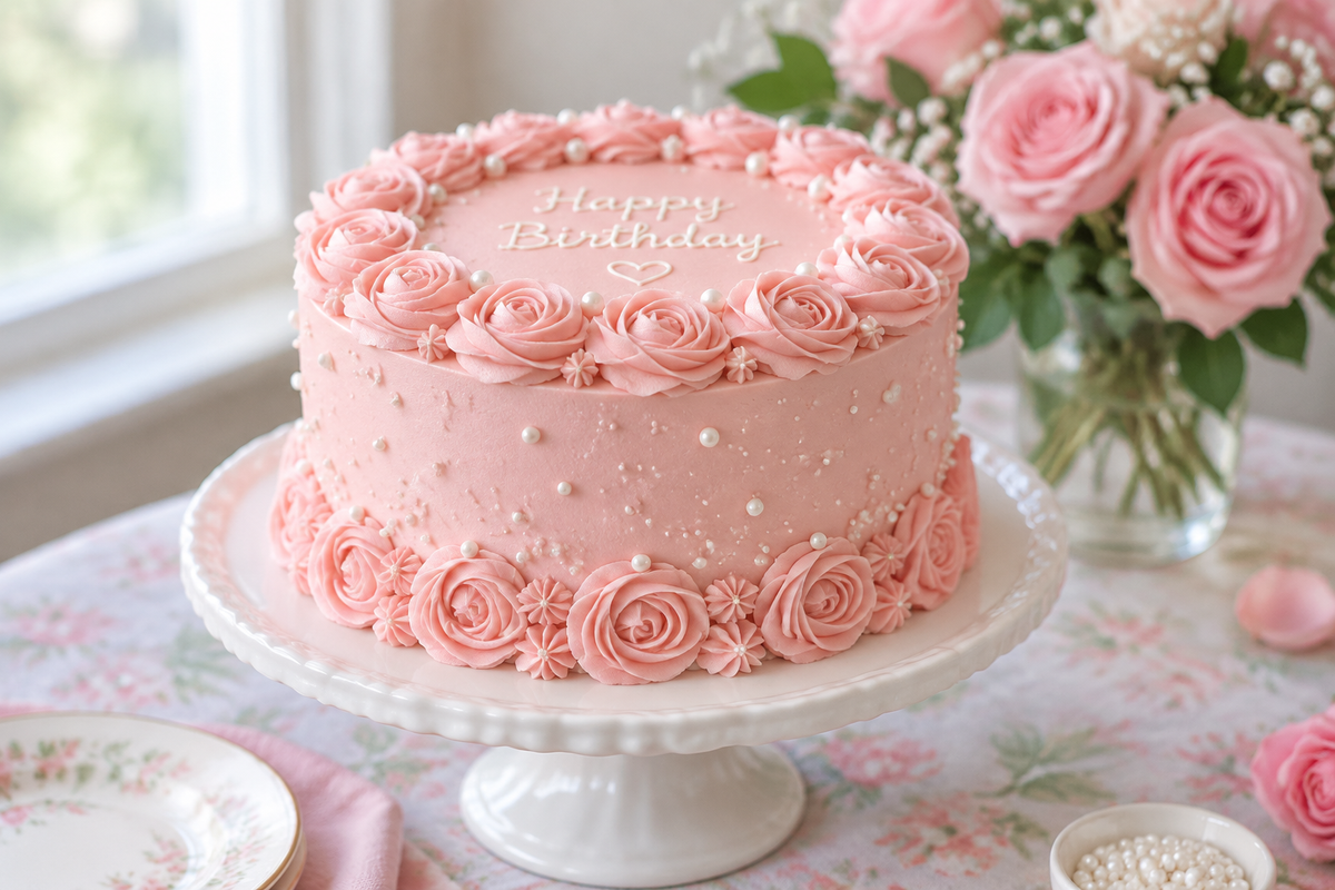 Pink birthday cake decorated with buttercream rosettes and pearls, perfect pink birthday cake