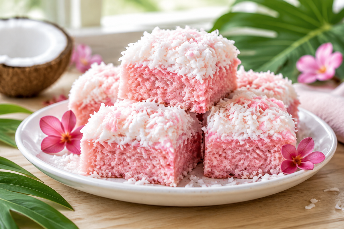 Pink coconut snowball cake bars with fluffy coconut topping on a white plate, showcasing the pink coconut snowball dessert