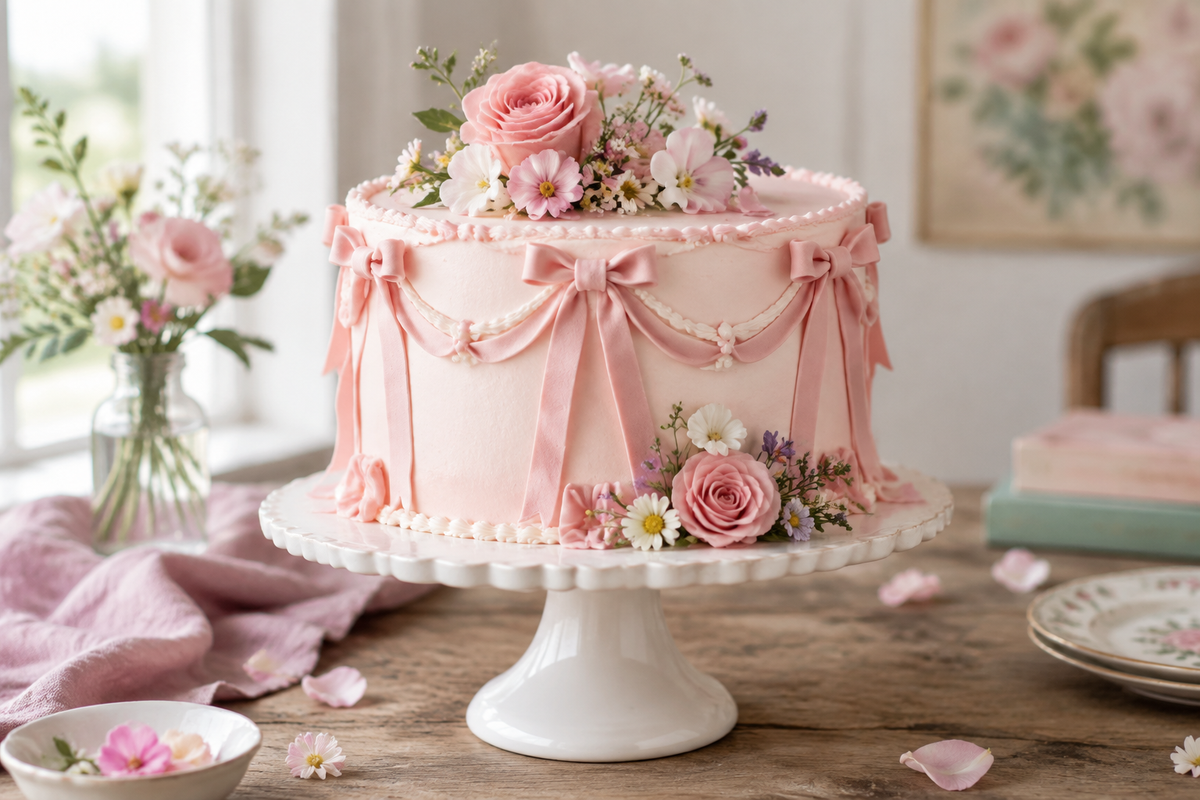 Pink ribbon cake decorated with fondant ribbons and flowers, perfect for birthdays