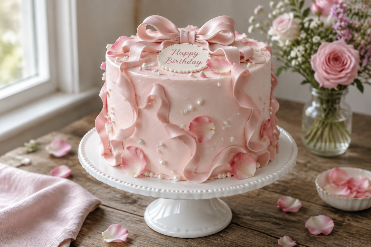 Pink ribbon cake decorated with fondant ribbons and pink rose petals for birthday celebration