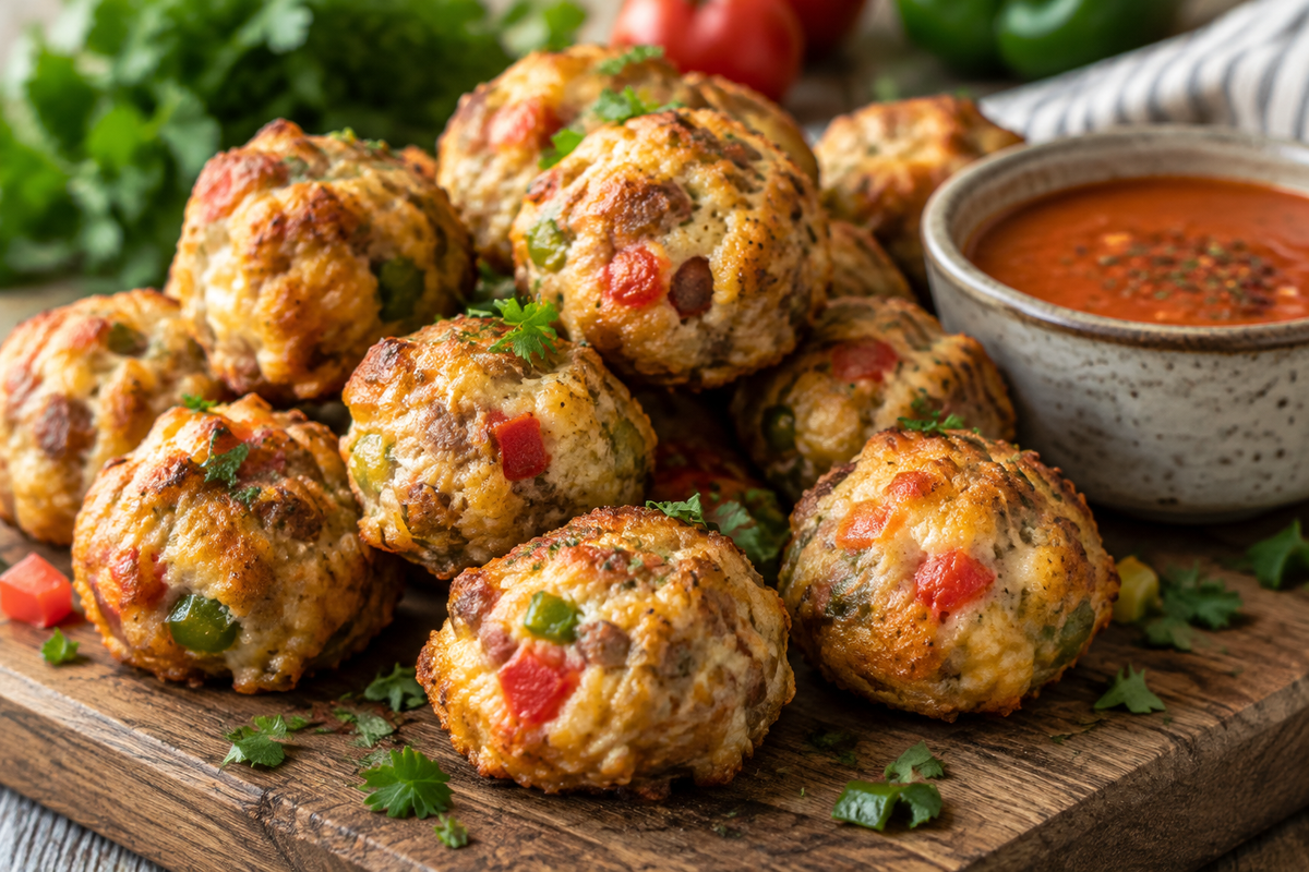 Golden baked cream cheese sausage balls with Rotel on rustic board, cream cheese sausage balls