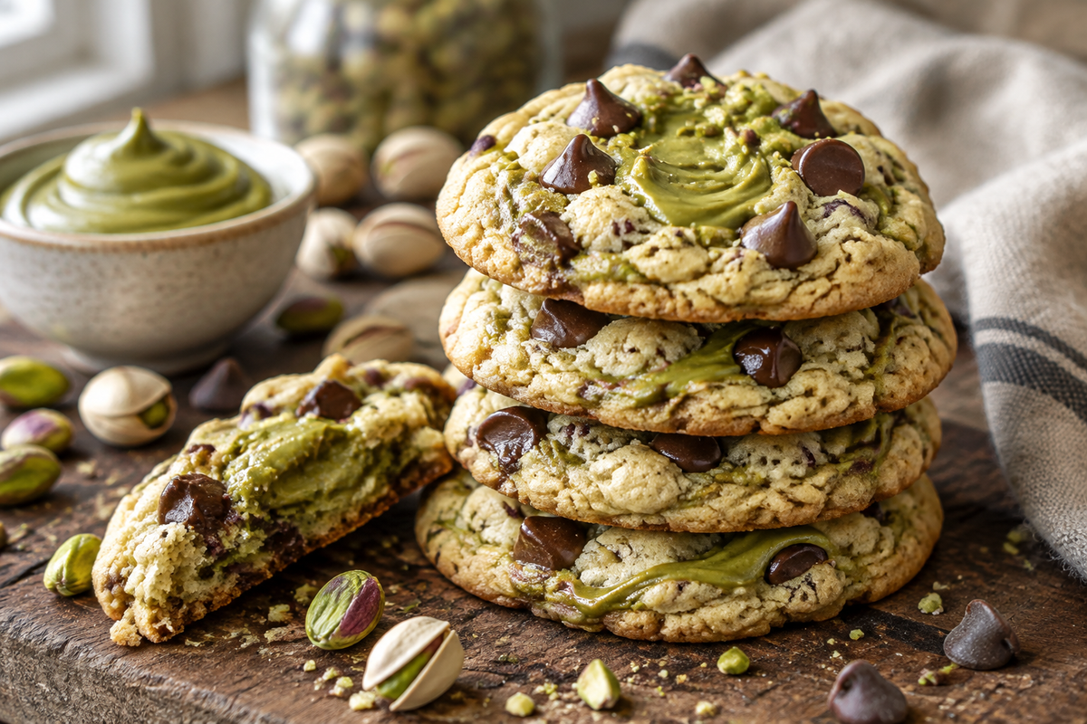 Irresistible pistachio cream cookies with chocolate chips stacked on wooden board, nutty cream texture visible