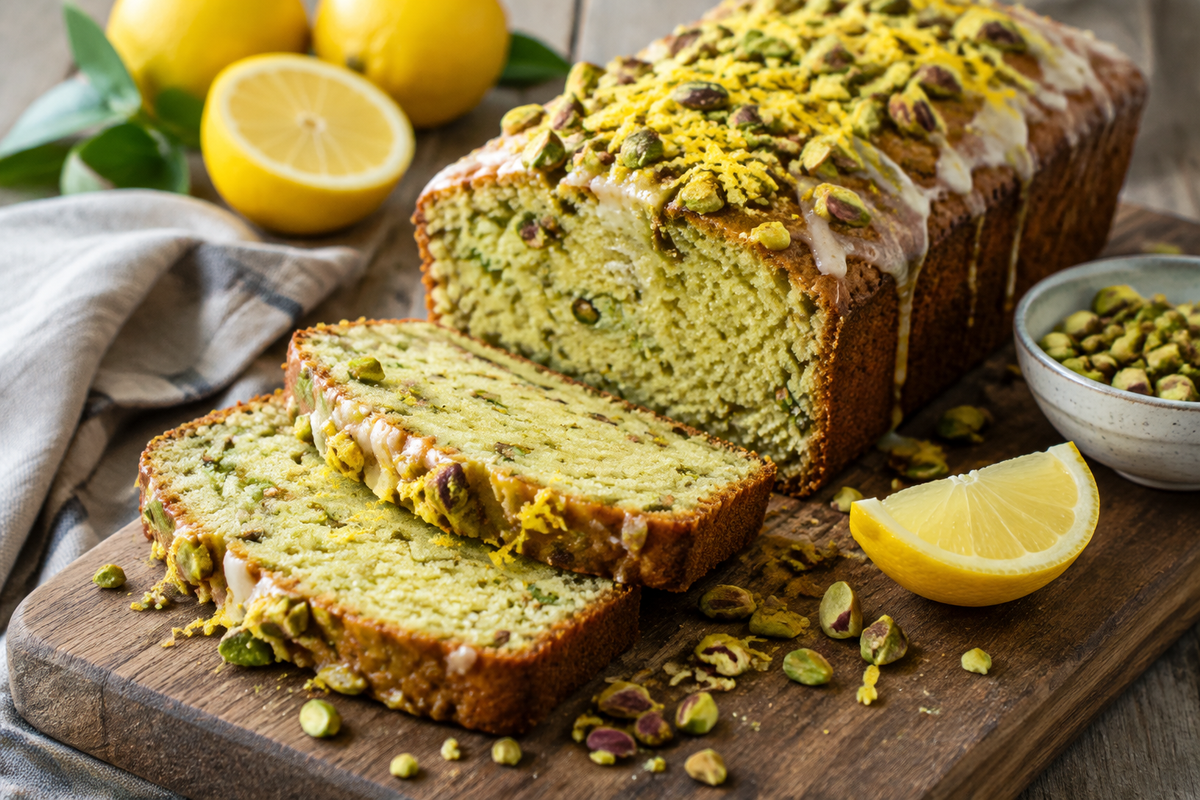 Sliced pistachio lemon bread with crushed pistachios and lemon zest, fresh breakfast bread