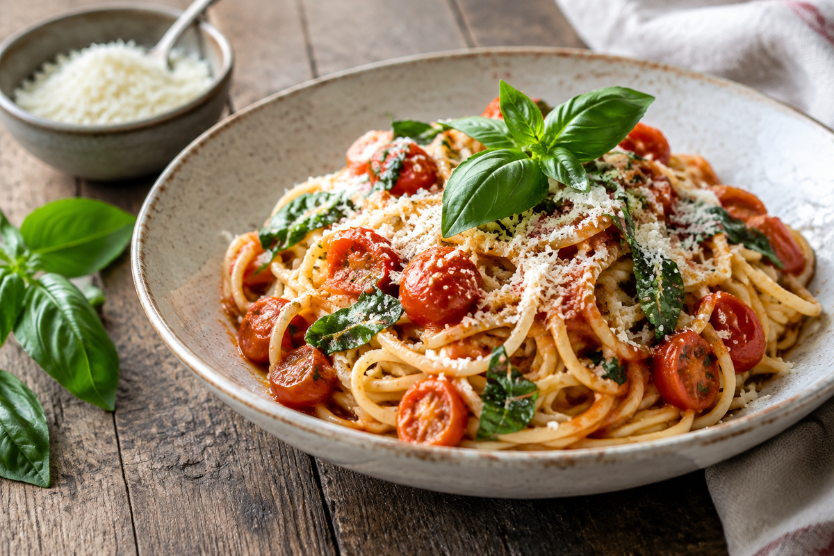plate of tomato basil pasta primo recipes with grated parmesan and fresh herbs