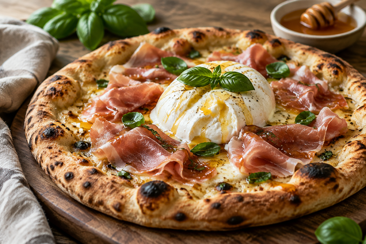 Prosciutto honey burrata pizza with creamy burrata, thin prosciutto slices, and honey drizzle
