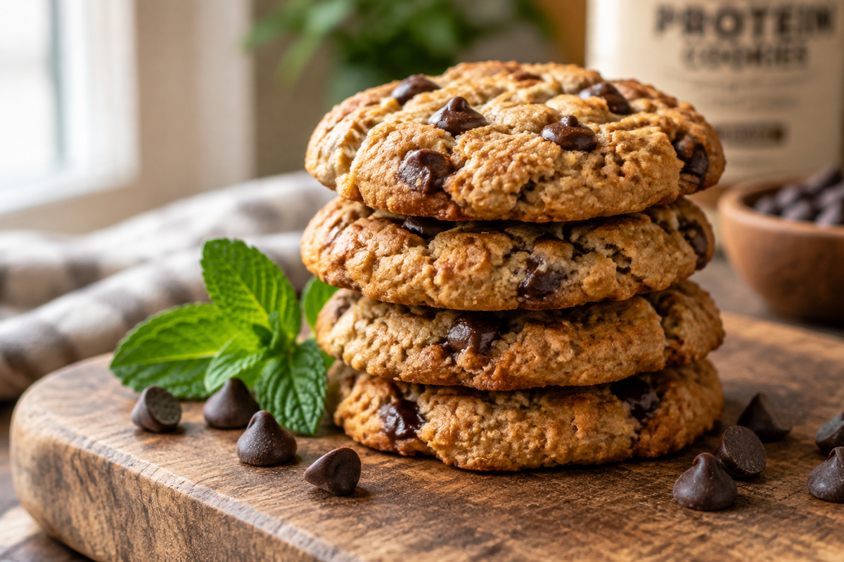 Stack of homemade protein cookies with chocolate chips for quick high protein snacks