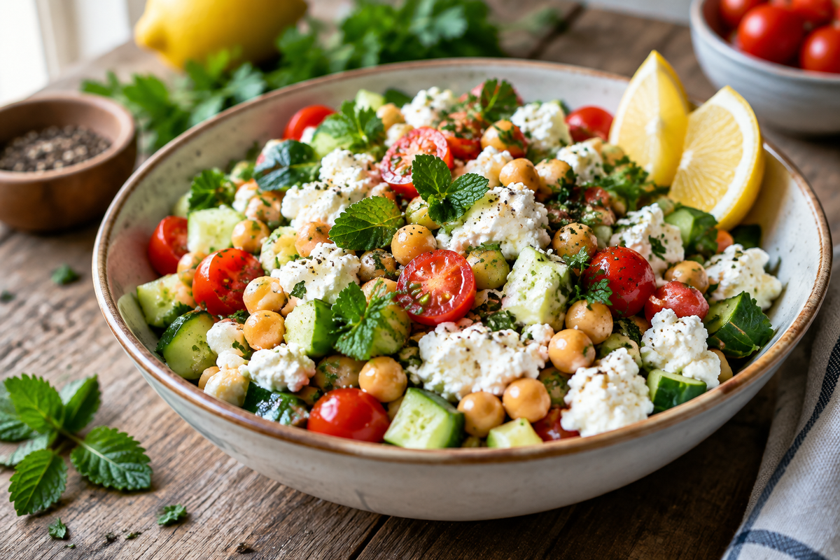 Protein-packed cottage cheese salad with chickpeas and fresh vegetables in a bowl