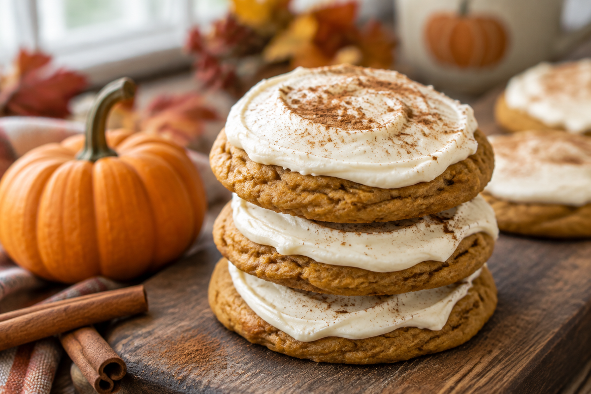 Stack of pumpkin spice cookies with cream cheese frosting dusted with cinnamon
