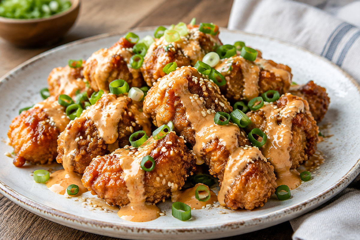 crispy air fryer bang bang chicken drizzled with creamy sauce and garnished with green onions and sesame seeds