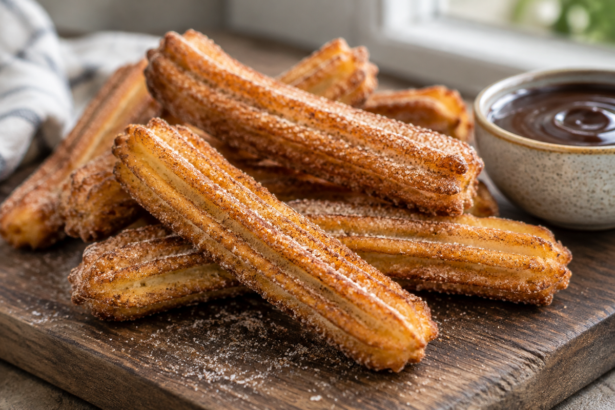 crispy air fryer churros coated in cinnamon sugar on rustic board with chocolate dip