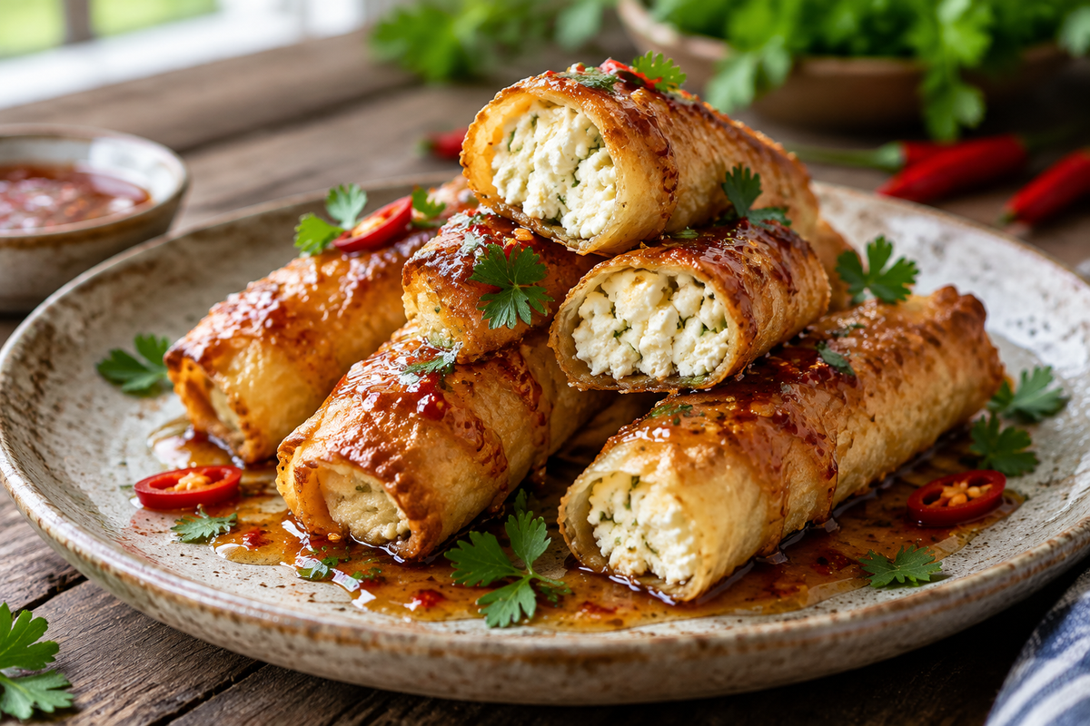 Close-up of crispy feta rolls drizzled with sweet chili honey, garnished with parsley and chili peppers