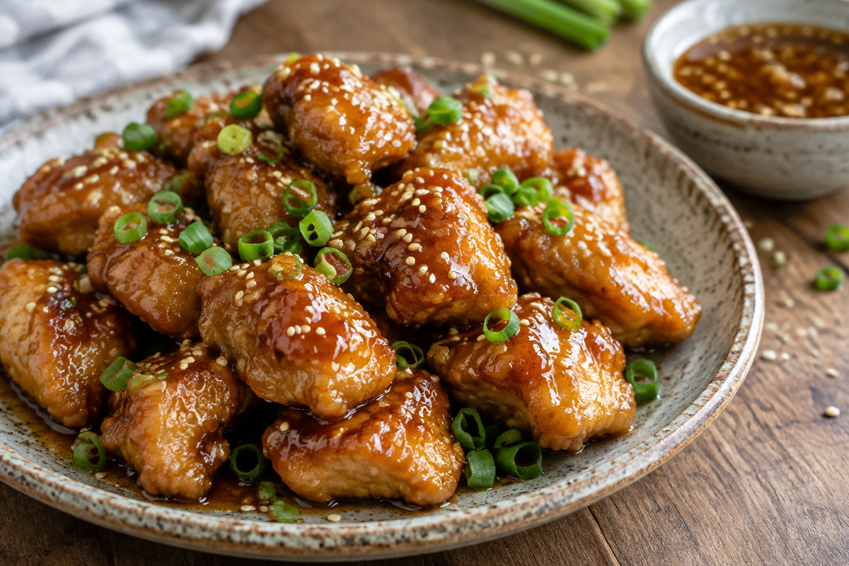 Honey garlic chicken bites with sticky glaze and green onion garnish on rustic plate