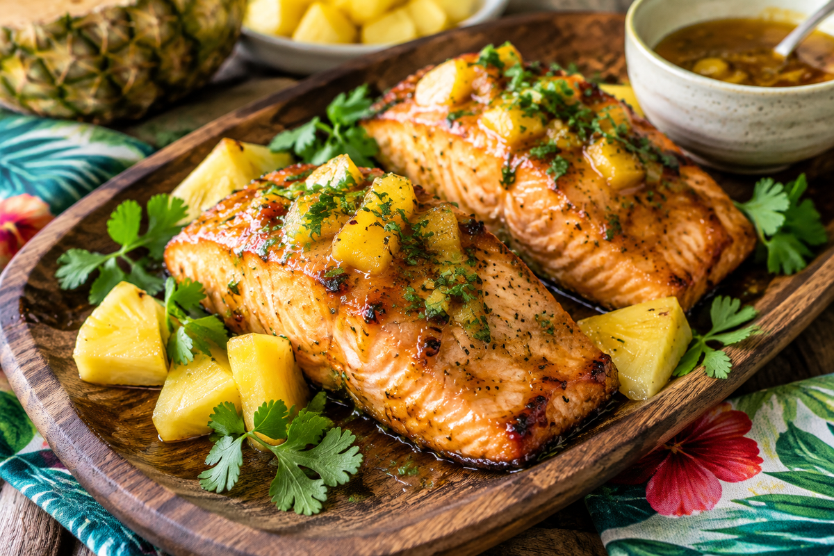 Air fryer honey pineapple salmon glazed with tropical sauce and garnished with pineapple chunks