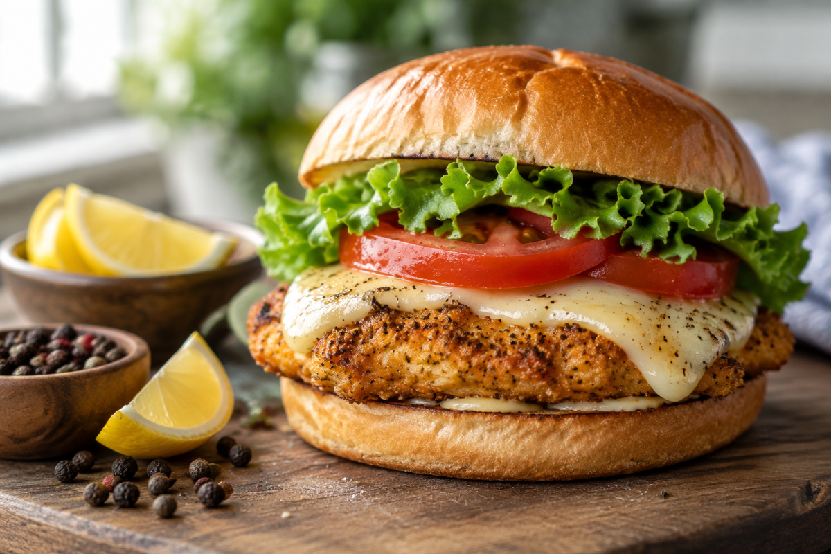 Crispy lemon pepper chicken sandwich with lettuce and tomato, lemon pepper chicken sandwich close-up