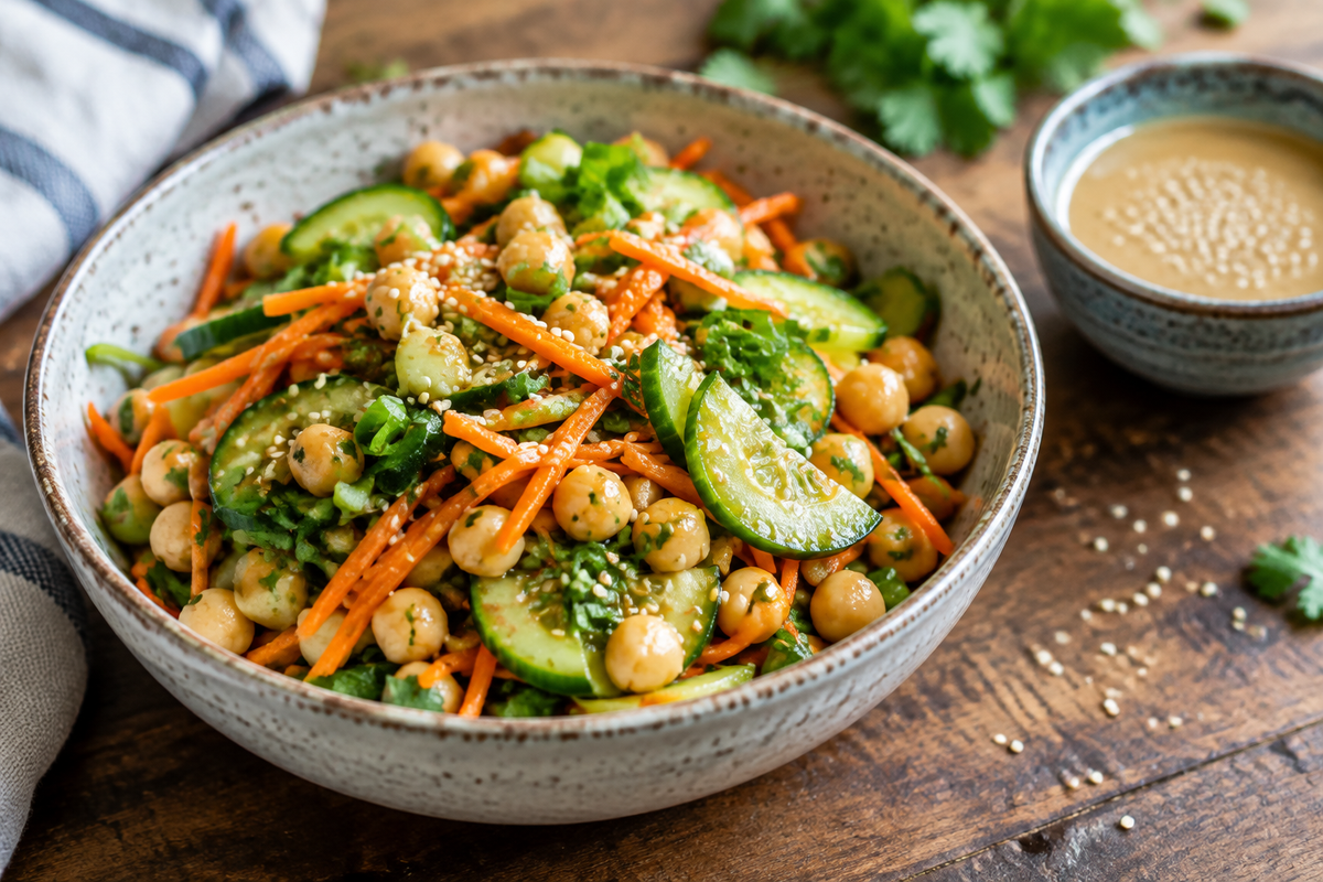 Fresh Asian cucumber slaw with chickpeas and sesame dressing in a bowl, showing bright colors and textures