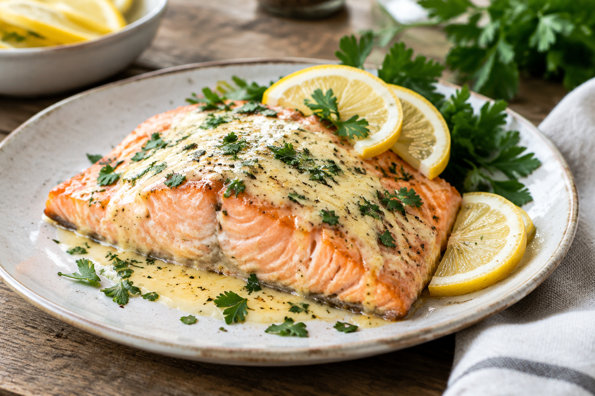 Quick baked salmon with creamy lemon butter sauce garnished with parsley and lemon slices