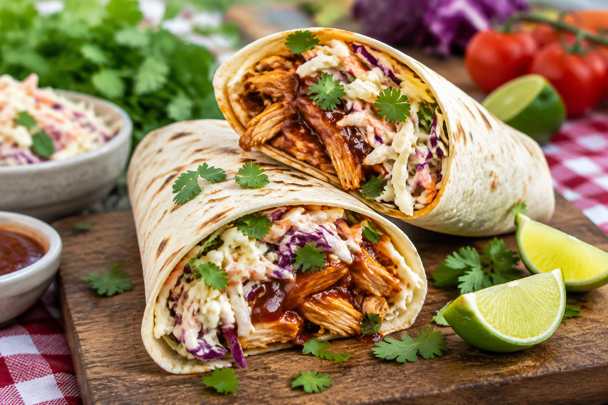 BBQ chicken coleslaw wraps with fresh cilantro garnish and lime wedges on a rustic wooden board