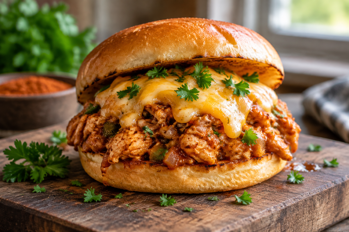 Cajun chicken sloppy joes sandwich on toasted bun garnished with parsley